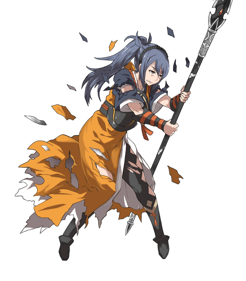 1girl blue_hair boots brown_eyes fire_emblem fire_emblem_heroes fire_emblem_if full_body highres injury long_hair oboro_(fire_emblem_if) official_art polearm ponytail solo spear teeth torn_clothes transparent_background weapon