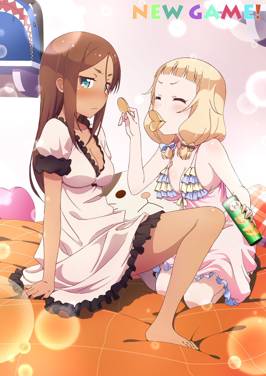 2girls ^_^ absurdres ahagon_umiko backpack backpack_removed bag barefoot bed blonde_hair blue_eyes blush breasts brown_hair bubble chips cleavage closed_eyes copyright_name dark_skin dress feeding feet food frills hair_ribbon heart heart_pillow highres long_hair multiple_girls new_game! on_bed pillow pink_x potato_chips pringle_duck pringles ribbon sakura_nene shelf short_hair sitting sitting_on_bed thighs