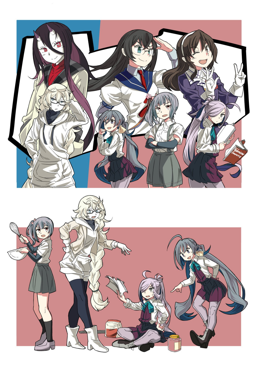 6+girls ahoge alternate_costume arm_up arm_warmers asashimo_(kantai_collection) ashigara_(kantai_collection) battleship_hime black_hair black_legwear blue_eyes blue_hair blush book boots bow bowl bowtie braid brown_eyes brown_hair commentary_request cross-laced_footwear crossed_arms dress fang glasses gloves green_eyes grey_eyes grey_hair grey_legwear hair_between_eyes hair_over_one_eye hair_tie hairband headband highres holding holding_book hood hooded_sweater kantai_collection kasumi_(kantai_collection) kiyoshimo_(kantai_collection) kneehighs lace-up_boots long_hair long_sleeves lotus_position low_twintails multicolored_hair multiple_girls ndkazh necktie one_eye_closed ooyodo_(kantai_collection) open_mouth pale_skin pantyhose pointing ponytail purple_hair purple_legwear red_eyes remodel_(kantai_collection) ribbon school_uniform semi-rimless_glasses serafuku shinkaisei-kan shirt shoes short_sleeves side_ponytail sidelocks silver_hair single_braid skirt sleeveless sleeveless_dress smile supply_depot_hime suspenders sweater thigh-highs turtleneck twintails under-rim_glasses uniform v very_long_hair wavy_hair white_gloves white_hair white_shirt