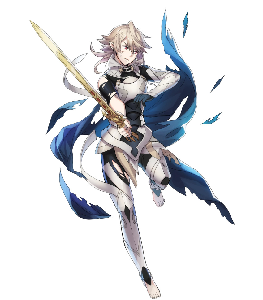 1boy armor artist_request bangs black_gloves blue_cape cape collar fire_emblem fire_emblem_heroes fire_emblem_if gloves highres holding holding_sword holding_weapon injury katana male_focus male_my_unit_(fire_emblem_if) my_unit_(fire_emblem_if) official_art pointy_ears red_eyes serious silver_hair solo spiky_hair sword torn_cape torn_clothes weapon