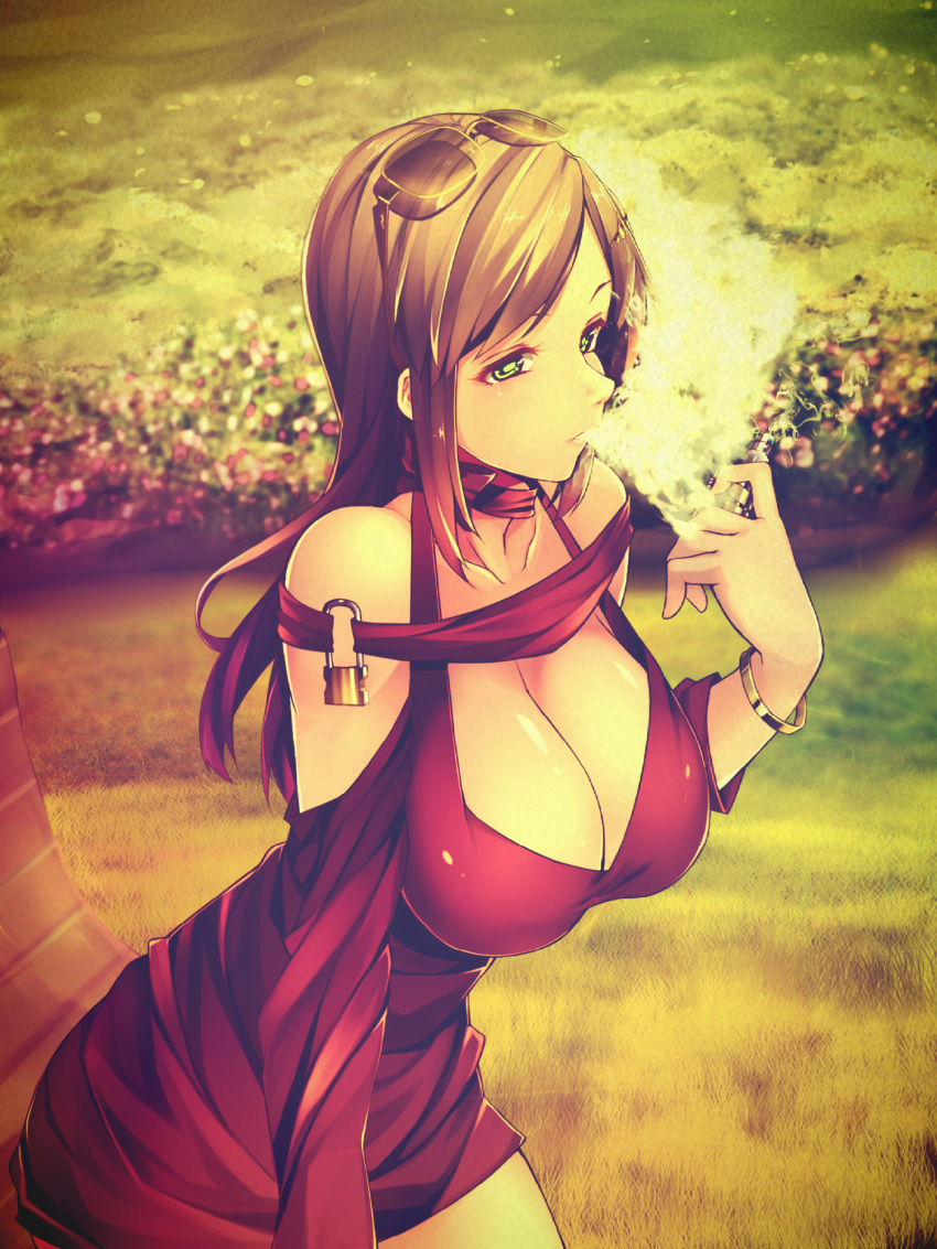 1girl blowing_smoke bonkiru breasts brown_hair bush check_commentary cleavage collarbone commentary commentary_request dress grass green_eyes highres large_breasts lock long_hair looking_at_viewer neck_ribbon off_shoulder original outdoors padlock parted_lips red_dress red_ribbon ribbon short_dress sidelocks solo sunglasses sunglasses_on_head vaping vaporizer