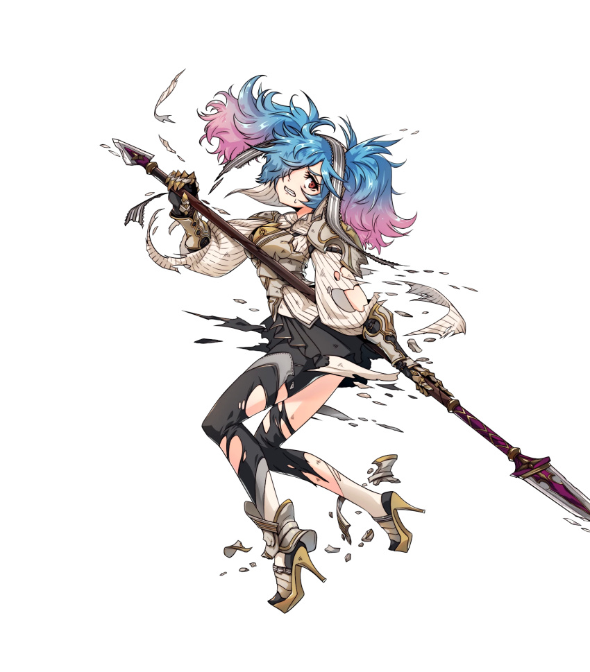 1girl armor back blue_hair fire_emblem fire_emblem_heroes fire_emblem_if full_body gloves hair_over_one_eye high_heels highres injury long_hair official_art pants pieri_(fire_emblem_if) pink_hair polearm red_eyes solo spear takagi_masafumi teeth torn_clothes torn_pants transparent_background twintails weapon