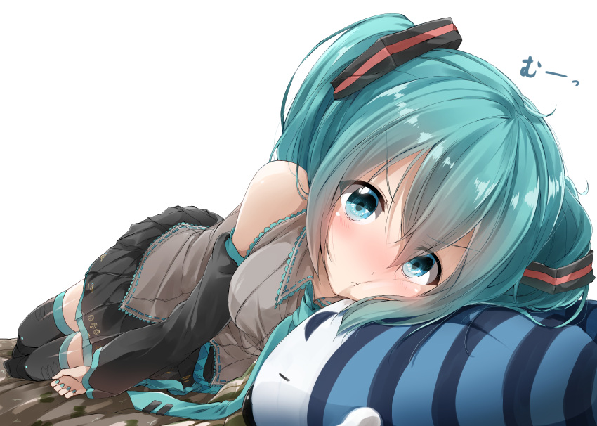 &gt;:t 1girl :t absurdres aqua_eyes aqua_hair bare_shoulders blush breasts detached_sleeves foreshortening hatsune_miku highres long_hair looking_at_viewer lying nail_polish necktie on_side pentagon_(railgun_ky1206) pout skirt solo thigh-highs twintails very_long_hair vocaloid