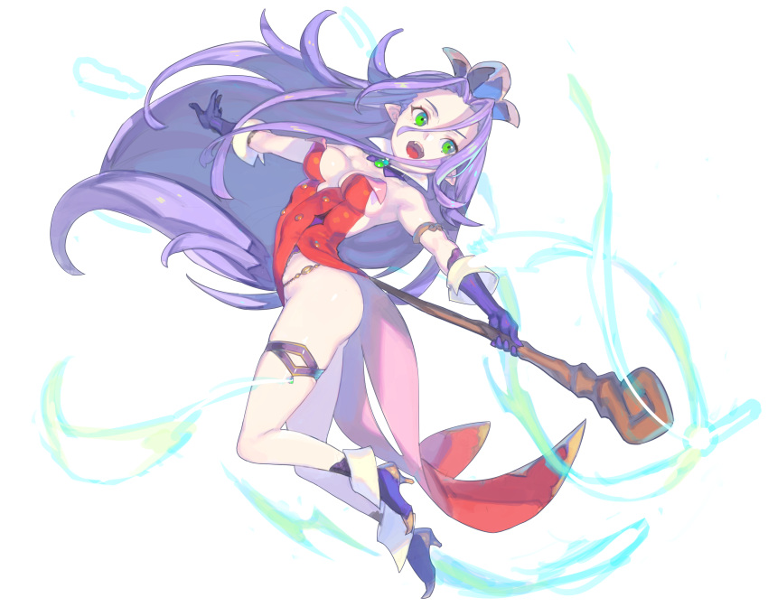 1girl :d angela_(seiken_densetsu_3) ass bare_legs bare_shoulders breasts cleavage detached_collar gloves green_eyes high_heels highres holding holding_staff leotard long_hair nagisa_kurousagi open_mouth pointy_ears purple_gloves purple_hair seiken_densetsu seiken_densetsu_3 simple_background smile solo staff teeth tongue very_long_hair white_background