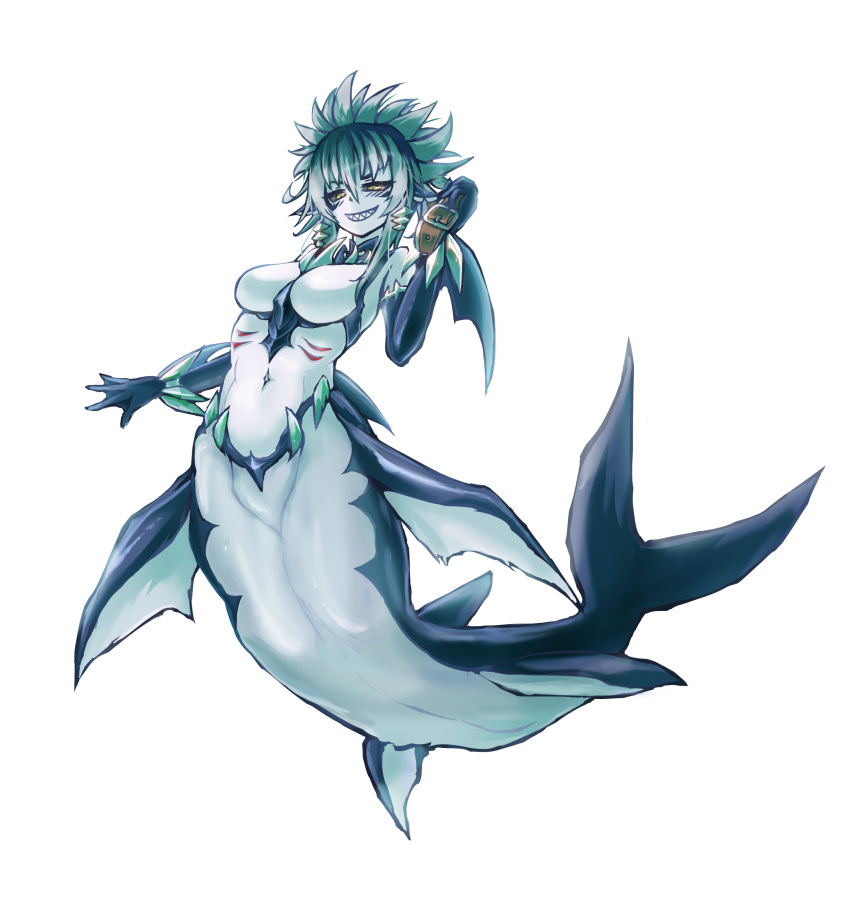 1girl absurdres artist_request bare_shoulders black_gloves black_sclera breasts collar elbow_gloves fins full_body gills gloves green_hair grin head_fins highres holding long_hair looking_at_viewer mermaid mershark_(monster_girl_encyclopedia) monster_girl monster_girl_encyclopedia navel shark shark_girl sharp_teeth simple_background smile solo spiky_hair teeth webbed_hands white_background yellow_eyes