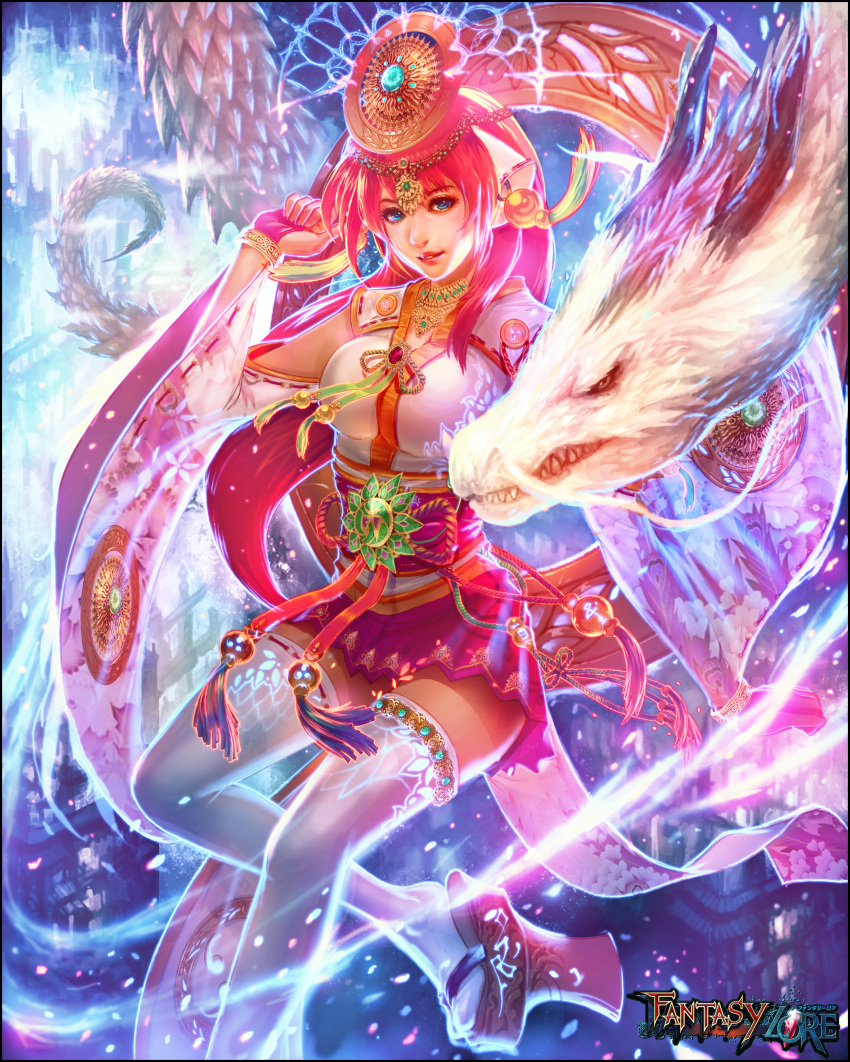 1girl absurdres blue_eyes copyright_name cyl1981 dragon fantasy_lore geta headpiece highres japanese_clothes parted_lips pink_hair pink_shoes shoes solo tassel thigh-highs watermark white_legwear wide_sleeves