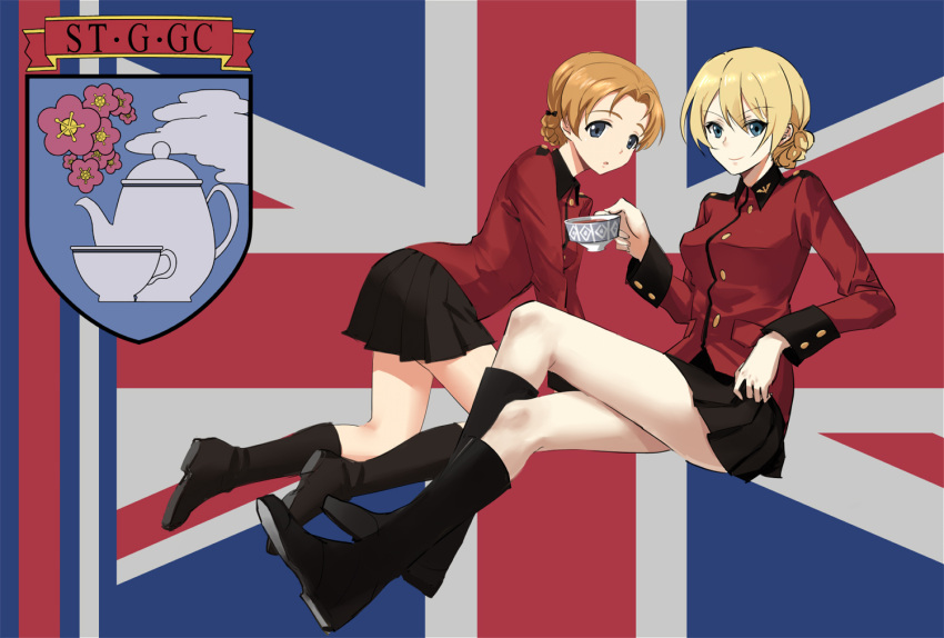 2girls all_fours bangs black_boots black_skirt blonde_hair blue_eyes boots braid closed_mouth cup darjeeling emblem flag_background full_body girls_und_panzer holding jacket knee_boots legs_crossed looking_at_viewer looking_back military military_uniform miniskirt multiple_girls orange_hair orange_pekoe parted_bangs parted_lips red_jacket short_hair sitting skirt smile st._gloriana's_(emblem) teacup tied_hair twin_braids uniform union_jack