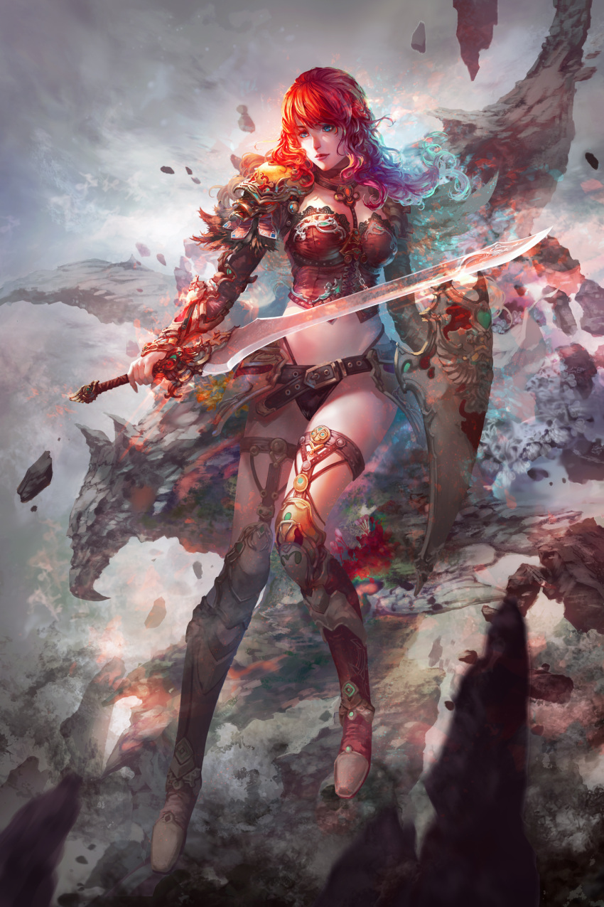 1girl antilous belt blue_eyes breasts full_body greaves highres holding holding_sword holding_weapon large_breasts long_hair midriff navel original redhead shield solo standing sword weapon