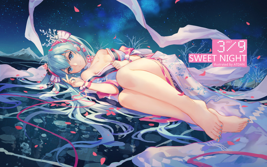 1girl 39 2017 aqua_hair artist_name atdan barefoot blue_eyes bracelet dated feet hatsune_miku japanese_clothes jewelry long_hair looking_at_viewer lying night on_side petals smile solo toenail_polish very_long_hair vocaloid