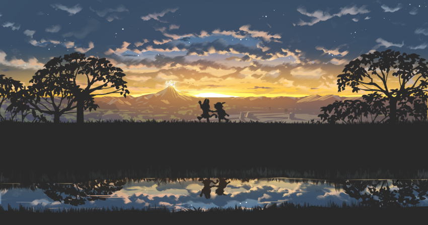 2girls animal_ears arm_up backpack bag boots clenched_hand clouds cloudy_sky feathers grass hand_holding hat kaban kemono_friends leg_lift monosenbei mountain multiple_girls orange_sky outdoors reflection river safari_hat scenery serval_(kemono_friends) serval_ears serval_tail short_hair shorts silhouette skirt sky star star_(sky) sunset tail tree walking water