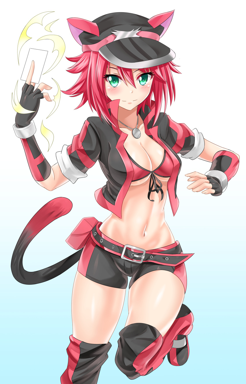 1girl absurdres animal_ears belt belt_pouch bike_shorts bikini_top blush breasts card cat_ears cat_tail cleavage closed_mouth collarbone cropped_jacket fingerless_gloves flat_cap front-tie_top gloves green_eyes hair_between_eyes hat highres holding holding_card jacket jewelry kneehighs leg_up looking_at_viewer medium_breasts midriff navel necklace nez-kun open_clothes open_jacket original redhead short_shorts shorts smile solo stomach tail thighs yu-gi-oh!