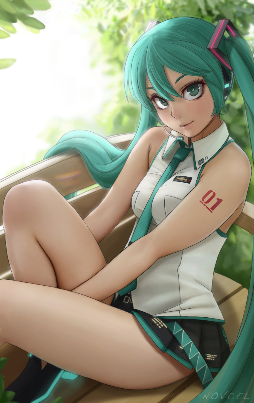 1girl aqua_eyes aqua_hair aqua_necktie artist_name backlighting bare_arms bare_legs bare_shoulders bench between_breasts black_shoes black_skirt blurry blurry_background breasts collared_shirt glowing hatsune_miku headgear headset highres knee_up long_hair looking_at_viewer medium_breasts miniskirt necktie necktie_between_breasts novcel number number_tattoo outdoors park_bench parted_lips pink_lips pleated_skirt shirt shoes sitting skirt sleeveless sleeveless_shirt smile solo sunlight tattoo thighs twintails very_long_hair vocaloid white_shirt wing_collar