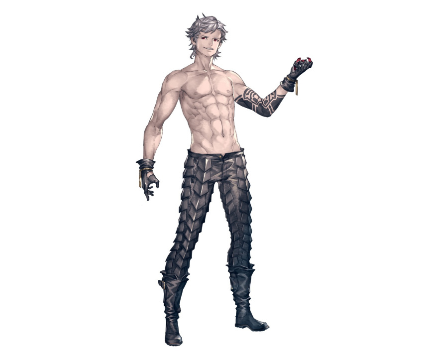 1boy abs arm_tattoo boots eve_(nier_automata) full_body gloves grin highres male_focus muscle nier_(series) nier_automata nipples official_art pants red_eyes shirtless silver_hair smile solo spikes spiky_hair standing tachi-e tattoo yoshida_akihiko