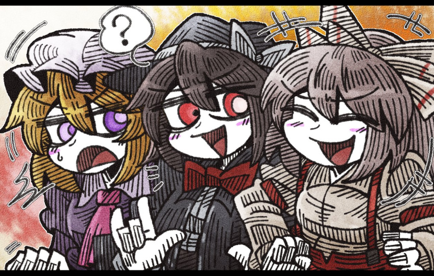 +++ /\/\/\ 3girls ? \n/ ascot black_hair black_hat blonde_hair blush_stickers bow bowtie closed_eyes dress elbowing fujiwara_no_mokou grey_hair hair_between_eyes hair_bow hat hat_bow juliet_sleeves letterboxed line_shading long_sleeves maribel_hearn mob_cap multiple_girls pink_ascot puffy_sleeves purple_dress red_bow red_bowtie red_eyes shirt spoken_question_mark suenari_(peace) surprised suspenders touhou usami_renko violet_eyes white_hat white_shirt white_skin