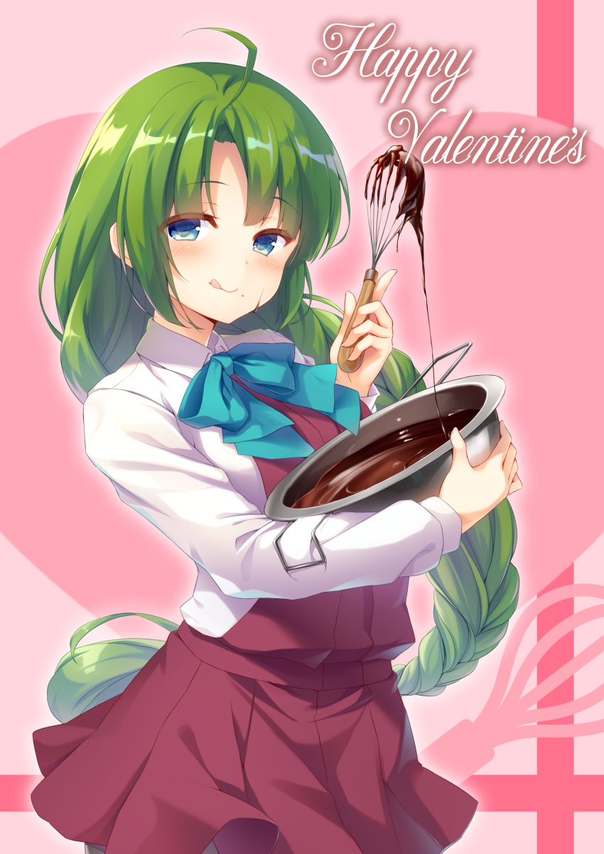 1girl :q absurdres blue_eyes braid chocolate dress green_hair happy_valentine highres kantai_collection licking_lips long_hair long_sleeves mafuyun mixing_bowl mole mole_under_mouth purple_dress shirt single_braid sleeveless sleeveless_dress solo tongue tongue_out valentine whisk white_shirt yuugumo_(kantai_collection)