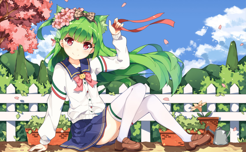 1girl animal_ears bangs blue_skirt blue_sky blush braid brown_ribbon brown_shoes c: cardigan cat_ears checkered_ribbon closed_mouth clouds cloudy_sky dango_remi day eyebrows_visible_through_hair fence floating_hair flower green_hair hair_flower hair_ornament hair_ribbon highres loafers long_hair moegirlpedia-tan outdoors petals pink_flower plant pleated_skirt potted_plant red_eyes ribbon school_uniform serafuku shoes sitting skirt sky smile solo thigh-highs watering_can white_legwear