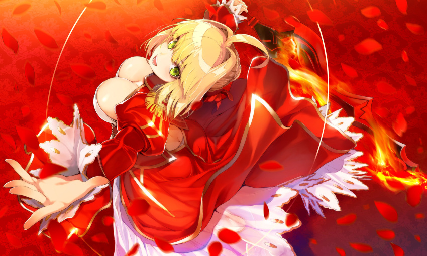 1girl :d absurdres ahoge ass backless_outfit blonde_hair breasts butt_crack cleavage dress eyebrows_visible_through_hair eyes_visible_through_hair fate/extra fate_(series) from_above green_eyes hair_bun highres juliet_sleeves large_breasts long_sleeves looking_at_viewer looking_up motion_blur open_mouth outstretched_arms outstretched_hand petals puffy_sleeves saber_extra smile solo sword weapon yuunagi_(seventh_heaven)
