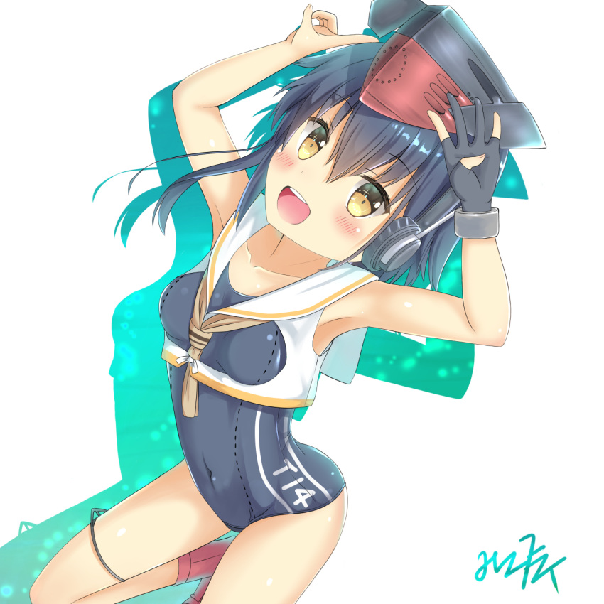 1girl asymmetrical_hair black_hair brown_eyes character_name gloves hair_between_eyes headphones heart highres i-14_(kantai_collection) kantai_collection looking_at_viewer mikoillust open_mouth partly_fingerless_gloves sailor_collar school_swimsuit short_hair signature single_glove single_shoe solo swimsuit