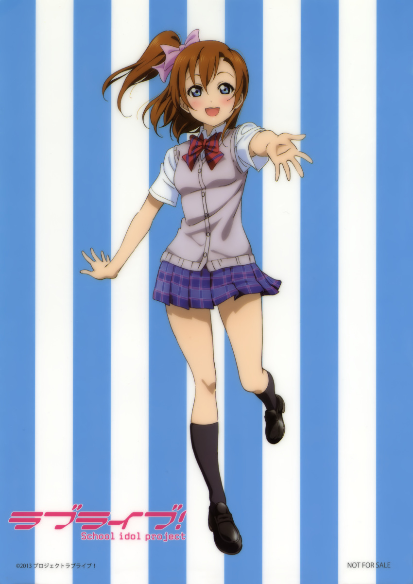 1girl 2013 absurdres black_legwear blue_eyes blue_skirt bow brown_hair copyright_name hair_between_eyes hair_bow highres kousaka_honoka long_hair love_live! love_live!_school_idol_project one_side_up open_mouth pink_bow pleated_skirt scan school_uniform skirt solo striped striped_background