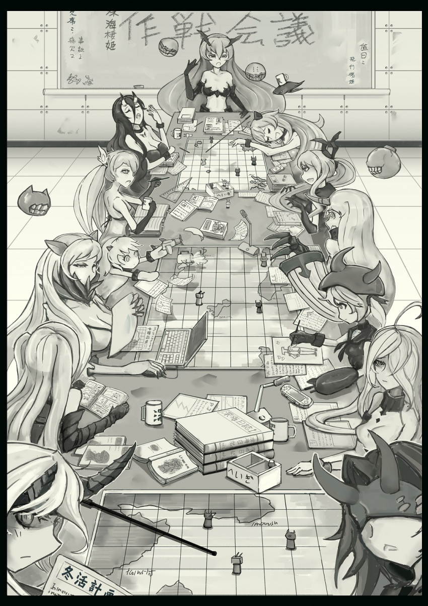 6+girls aircraft aircraft_carrier_oni airfield_hime airplane anchorage_hime armored_aircraft_carrier_hime battleship_hime black_border board_room book border chalkboard character_request check_characters claws comic_book computer cup destroyer_hime drawing enemy_aircraft_(kantai_collection) figure floating_fortress_(kantai_collection) greyscale handheld_game_console heavy_cruiser_hime highres horn indoors kantai_collection laptop light_cruiser_hime long_hair manga_(object) map meeting microphone midway_hime monochrome moomin mug multiple_girls muppo northern_ocean_hime paper pepii playstation_portable pointer protractor rensouhou-chan seaport_hime shinkaisei-kan sitting southern_ocean_war_hime spilling submarine_hime t-head_admiral tic-tac-toe translation_request