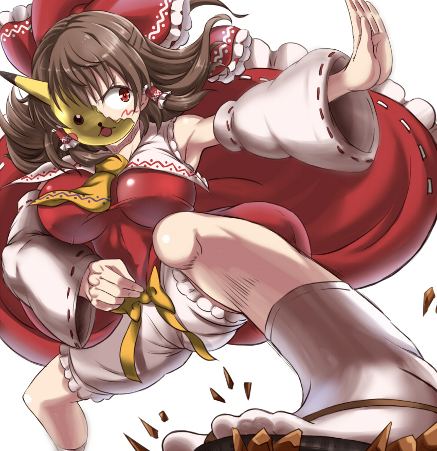 1girl armpits ascot bangs bloomers blush blush_stickers bow breasts brown_eyes brown_hair character_mask cookie_(touhou) detached_sleeves erect_nipples eyebrows_visible_through_hair frilled_bow frills hair_bow hair_tubes hakurei_reimu highres impossible_clothes kanna_(cookie) large_breasts long_sleeves looking_to_the_side mask open_mouth pikachu pokemon pose red_bow red_eyes ribbon-trimmed_sleeves ribbon_trim sandals sidelocks simple_background solo standing touhou underwear white_background wide_sleeves yarumi_(suina) yellow_bow