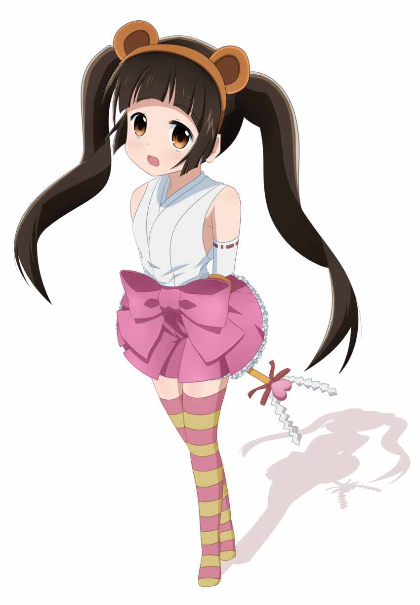 1girl amayadori_machi animal_ears arms_behind_back bangs bare_shoulders bear_ears bear_tail blunt_bangs blush breasts brown_eyes brown_hair commentary_request elbow_gloves eyebrows_visible_through_hair fake_animal_ears frilled_skirt frills full_body gloves hairband heart highres kumamiko long_hair looking_at_viewer no_shoes open_mouth outfit_2_(kumamiko) pink_skirt ribbon-trimmed_gloves ribbon_trim riito_(shannon95) shadow sidelocks simple_background skirt sleeveless small_breasts solo standing striped striped_legwear tail thigh-highs twintails wand white_background white_gloves