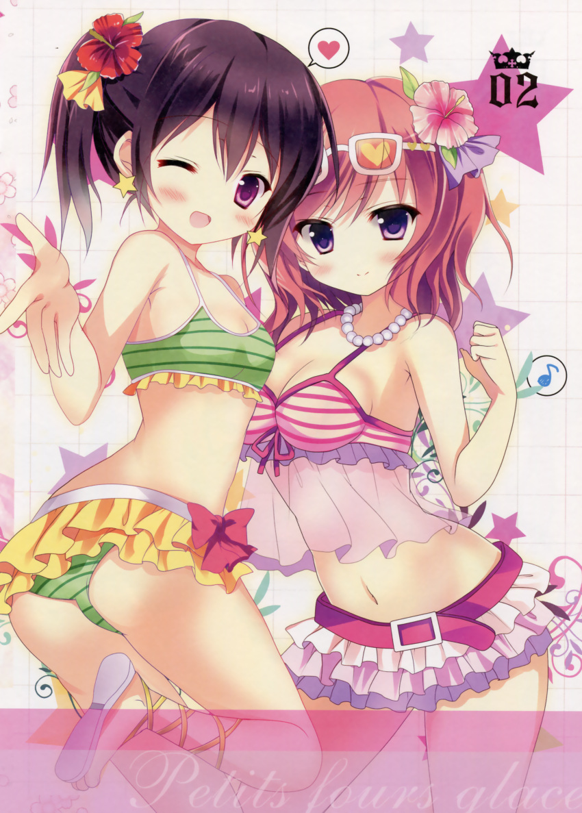 2girls absurdres belt bikini bikini_skirt black_hair breasts brown_hair cleavage cover cover_page eyebrows_visible_through_hair flower frilled_skirt frills glasses_on_head green_bikini hair_flower hair_ornament hibiscus highres love_live! love_live!_school_idol_project medium_breasts multiple_girls navel nishikino_maki one_eye_closed red_flower sideboob skirt small_breasts striped striped_bikini swimsuit twintails violet_eyes yazawa_nico yellow_skirt