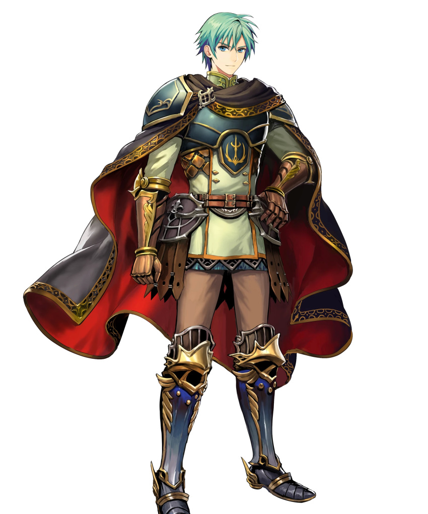 1boy aqua_hair armor artist_request belt black_cape blue_armor blue_boots blue_eyes boots brown_pants cape ephraim fire_emblem fire_emblem:_seima_no_kouseki fire_emblem_heroes full_body gauntlets greaves highres male_focus multiple_belts nintendo pants shoulder_armor smirk solo white_background