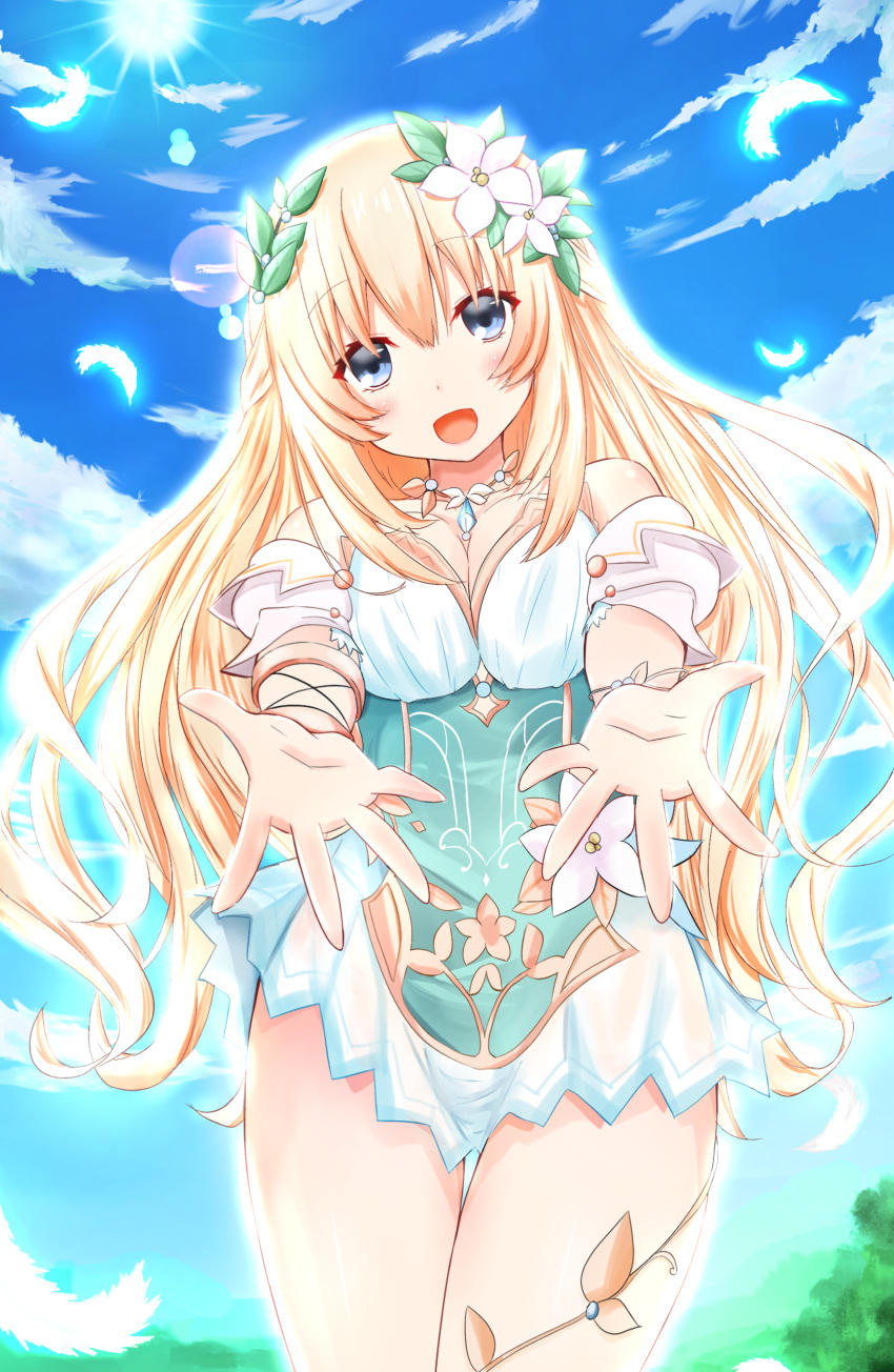 1girl absurdres blonde_hair blue_eyes blush breasts choujigen_game_neptune cleavage clouds ex_idol flower four_goddesses_online:_cyber_dimension_neptune hair_flower hair_ornament highres long_hair looking_at_viewer neptune_(series) outstretched_hand sky smile solo vert very_long_hair