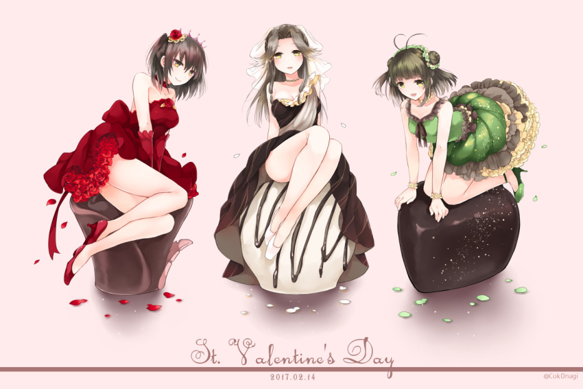 2017 :d all_fours arm_support arms_at_sides bangs bare_shoulders black_dress black_ribbon blunt_bangs blush bracelet breasts brown_dress chocolate choker cleavage closed_mouth collarbone dated double_bun dress flower frills glitter gloves green_dress green_shoes hair_flower hair_ornament hair_ribbon hair_scrunchie high_heels jewelry jintsuu_(kantai_collection) kantai_collection knees_up looking_at_viewer medium_breasts nagihashi_koko naka_(kantai_collection) necklace open_mouth petals pink_background red_dress red_gloves red_rose red_shoes ribbon rose sash scrunchie sendai_(kantai_collection) shoes short_dress sitting sitting_on_food sleeveless sleeveless_dress small_breasts smile strapless strapless_dress tiara tress_ribbon twitter_username two_side_up v_arms valentine veil white_chocolate white_shoes yellow_eyes yokozuwari