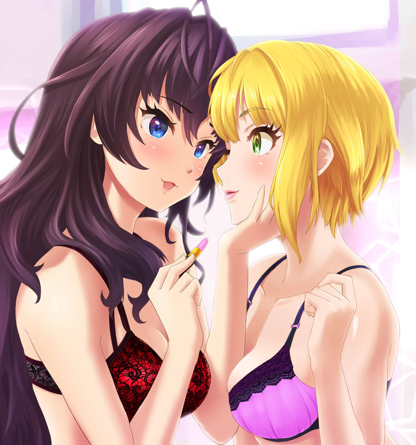 2girls :3 :d arm artist_request bare_arms bare_shoulders between_breasts blonde_hair blue_eyes blush bra breasts brown_hair cleavage collarbone couple eye_contact female green_eyes hand_on_another's_chin highres holding ichinose_shiki idolmaster idolmaster_cinderella_girls lavender_bra lingerie lips lipstick long_hair looking_at_another makeup medium_breasts miyamoto_frederica multiple_girls neck one_eye_closed pink_lipstick purple_bra red_bra short_hair smile underwear upper_body wink yuri