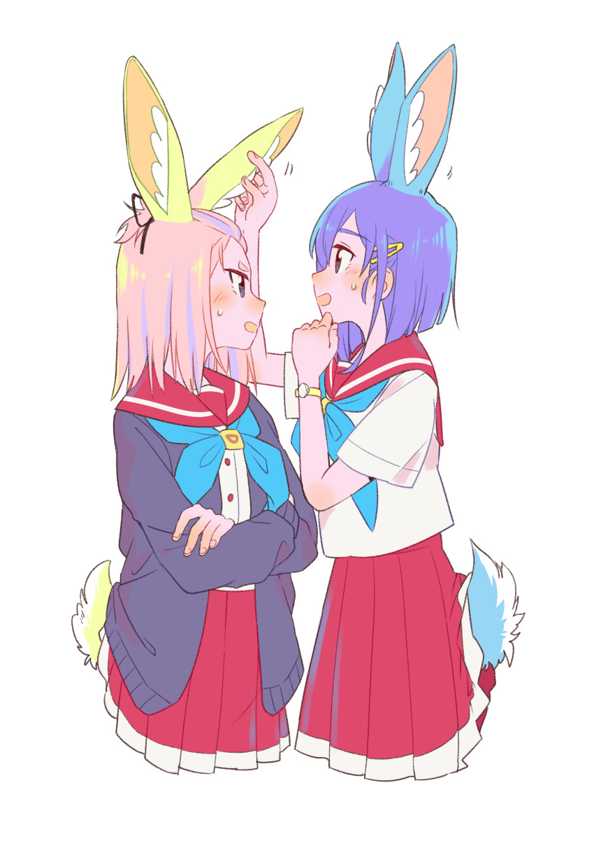 2girls :d absurdres adapted_costume animal_ears bangs_pinned_back blonde_hair blue_hair blush bunny_tail cardigan crossed_arms ear_grab eyebrows flip_flappers from_side highres inconvenient_tail keiya kokomine_cocona matching_outfit multicolored_hair multiple_girls neckerchief open_cardigan open_clothes open_mouth profile rabbit_ears simple_background smile streaked_hair sweatdrop tail white_background yayaka