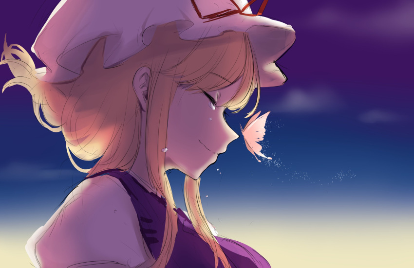 1girl blonde_hair butterfly closed_eyes eyebrows_visible_through_hair frilled_hat frills from_side hat highres mob_cap portrait saple sidelocks sketch smile solo tabard tears tied_hair touhou white_hat yakumo_yukari