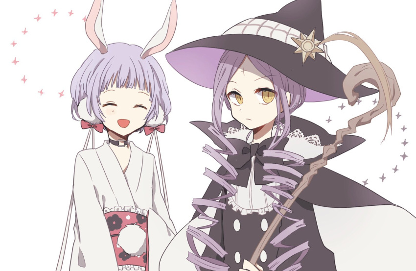 2girls animal_ears closed_eyes drill_hair gekokujou_hana hat highres japanese_clothes kimono mahou_shoujo_ikusei_keikaku mahou_shoujo_ikusei_keikaku_limited mana_(mahoiku) multiple_girls purple_hair rabbit_ears siblings sisters smile staff witch witch_hat yun68591434