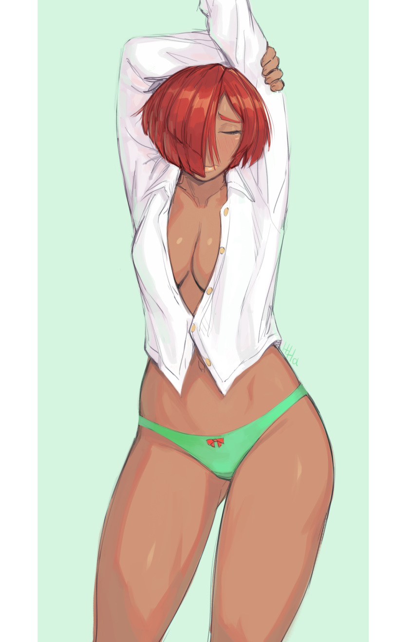 1girl arm_behind_head arms_up blue_eyes bow bow_panties breasts closed_eyes collarbone commentary dark_skin dark-skinned_female facing_viewer giovanna_(guilty_gear) green_background green_panties guilty_gear guilty_gear_strive hair_over_one_eye highres ittla large_breasts long_sleeves navel no_bra no_pants panties partially_unbuttoned redhead shirt short_hair simple_background solo underwear white_shirt