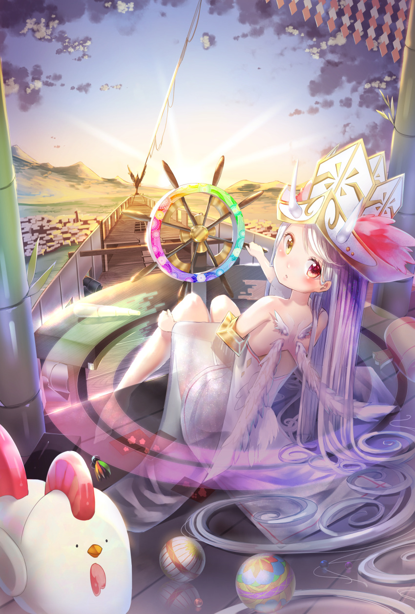1girl :o absurdly_long_hair absurdres airship angel ball bamboo bangs bare_shoulders barefoot binoculars bird chicken clouds cloudy_sky dress eyelashes feathered_wings from_behind gradient gradient_hair hand_on_leg hat hat_feather heterochromia highres leaf long_hair looking_at_viewer looking_back midair mountain multicolored_hair negimapurinn open_mouth original outdoors purple_hair red_eyes rooster ship ship's_wheel shoulder_blades sitting sky solo steering_wheel strapless strapless_dress sunlight sunset swept_bangs tail toy twisted_neck very_long_hair watercraft white_dress white_hair white_hat white_wings wings yellow_eyes