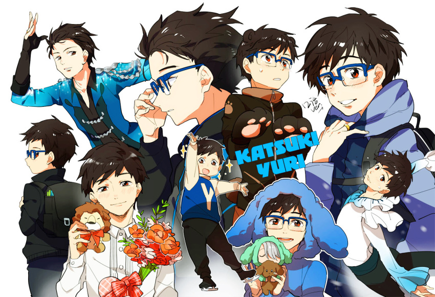 1boy animal_ears animal_hood backpack bag bear_ears bear_paws black_hair blue-framed_eyewear bouquet brown_eyes character_doll character_name child dog_hood flower glasses hair_slicked_back hood hooded_jacket ice_skates jacket katsuki_yuuri makkachin male_focus multiple_persona open_mouth skates smile sparkle stuffed_animal stuffed_lion stuffed_toy track_jacket viktor_nikiforov yanzhan younger yuri!!!_on_ice