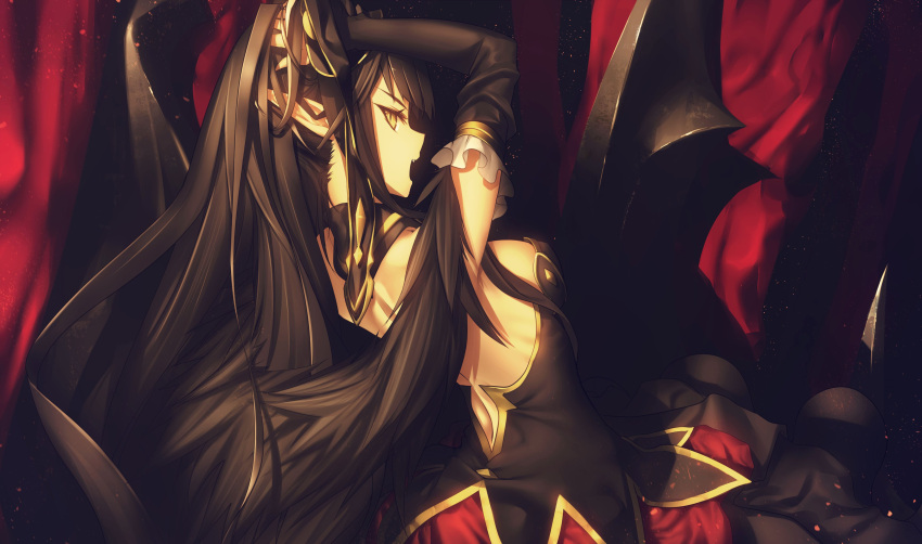 absurdres arms_up assassin_of_red black_dress black_hair breasts detached_sleeves dress fate/apocrypha fate_(series) hair_lift highres kawanakajima long_hair looking_at_viewer looking_back medium_breasts open_mouth pointy_ears sideboob slit_pupils strapless strapless_dress very_long_hair yellow_eyes