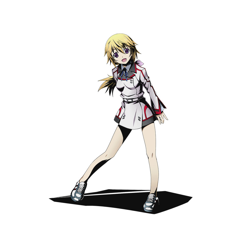 1girl arm_behind_back blonde_hair blue_ribbon charlotte_dunois divine_gate eyebrows_visible_through_hair full_body hair_between_eyes hair_ribbon heart highres infinite_stratos long_hair looking_at_viewer low-tied_long_hair neck_ribbon official_art open_mouth ponytail purple_ribbon ribbon solo transparent_background ucmm uniform violet_eyes