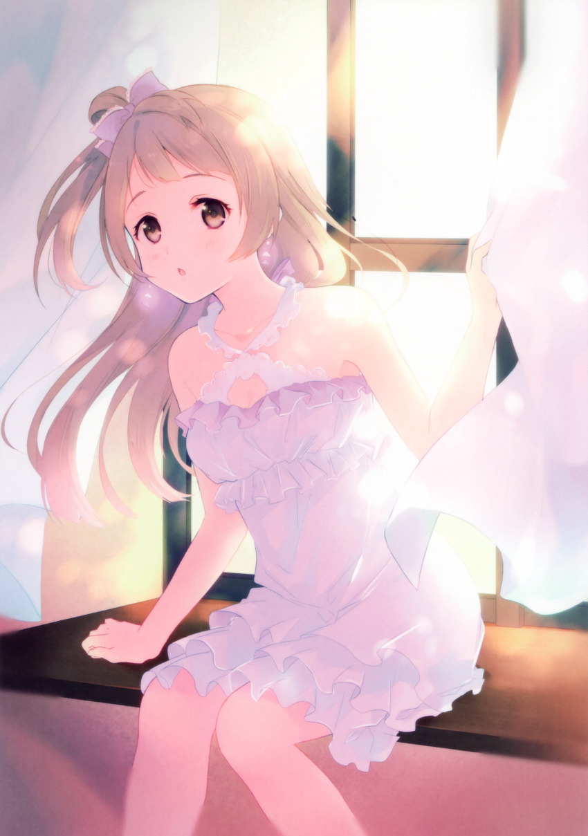 1girl absurdres bow breasts brown_eyes brown_hair cleavage collarbone dress hair_bow highres indoors long_hair love_live! love_live!_school_idol_project medium_breasts minami_kotori ousaka_nozomi sitting solo white_dress