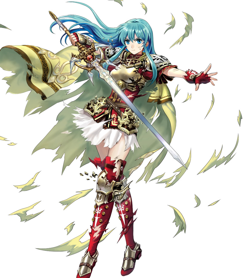 1girl adapted_costume armor blue_eyes breastplate broken_armor cape earrings eirika fingerless_gloves fire_emblem fire_emblem:_seima_no_kouseki fire_emblem_heroes floating_hair full_body gloves highres holding holding_sword holding_weapon jewelry light_blue_hair long_hair looking_at_viewer nintendo official_art outstretched_arm outstretched_hand serious shiny shiny_hair short_sleeves skirt standing sweatdrop sword thigh-highs torn_cape torn_clothes torn_skirt transparent_background weapon white_skirt