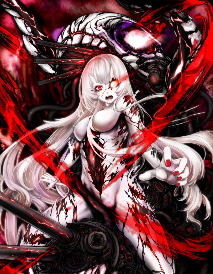 1girl bangs black_skin breasts central_hime crack cracked_skin d: fingernails floating_hair glowing glowing_eye highres horns kantai_collection long_hair looking_at_viewer medium_breasts nail_polish no_nipples no_pussy nude open_mouth red_eyes red_nails shinkaisei-kan sitting solo taq_(taku0719) teeth tongue turret very_long_hair white_hair white_skin