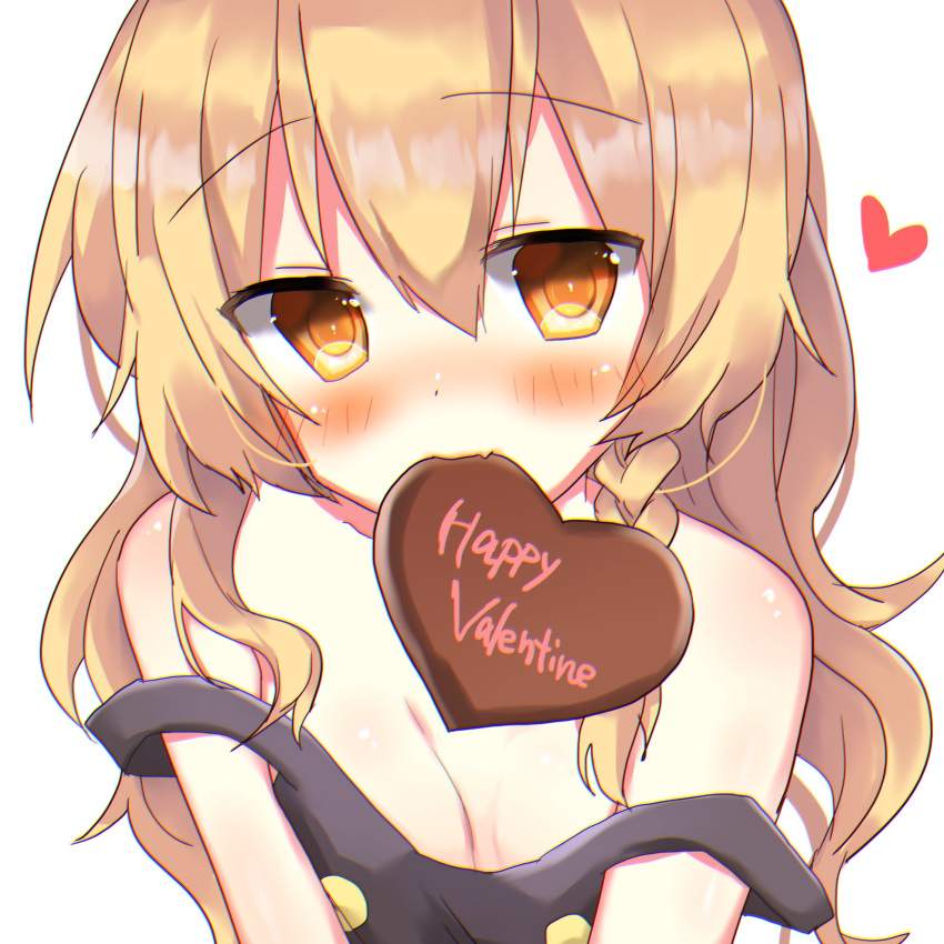 blonde_hair blush breast_squeeze breasts chocolate chocolate_heart commentary english heart highres kirisame_marisa long_hair looking_at_viewer mouth_hold no_hat no_headwear rbtt small_breasts solo touhou undressing valentine yellow_eyes