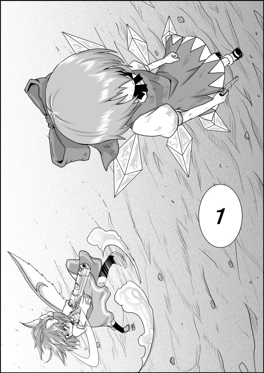 2girls aiming blood blood_on_face bow cirno countdown daiyousei dress dress_shirt fairy_wings foreshortening from_above full_body greyscale gun hair_bow highres holding holding_gun holding_weapon ice ice_wings long_hair monochrome multiple_girls niiko_(gonnzou) shirt sidelocks sideways touhou translation_request walking weapon wings