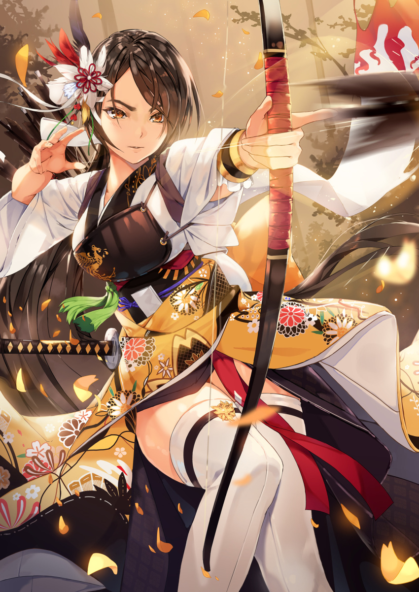 1girl archery arrow bangs bow_(weapon) breasts brown_eyes brown_hair collarbone cowboy_shot feathers fingernails floral_print flower hair_feathers hair_flower hair_ornament hair_ribbon hands_up highres holding holding_bow_(weapon) holding_weapon honey_yun index_finger_raised japanese_clothes katana kimono legs_together long_hair long_sleeves medium_breasts muneate obi original parted_bangs parted_lips petals quiver red_ribbon ribbon sash scabbard sheath sheathed solo standing standing_on_one_leg sword tassel thigh-highs weapon weapon_on_back white_legwear wide_sleeves