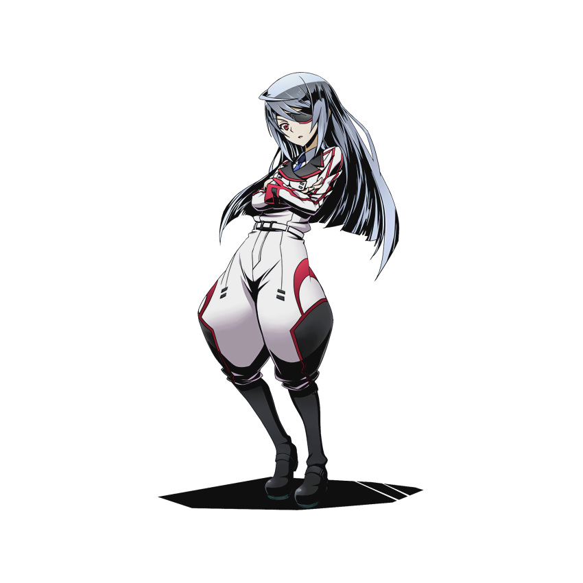 1girl black_boots blue_necktie boots crossed_arms divine_gate eyepatch full_body highres infinite_stratos knee_boots laura_bodewig leaning_back long_hair looking_at_viewer necktie official_art red_eyes silver_hair solo transparent_background ucmm uniform