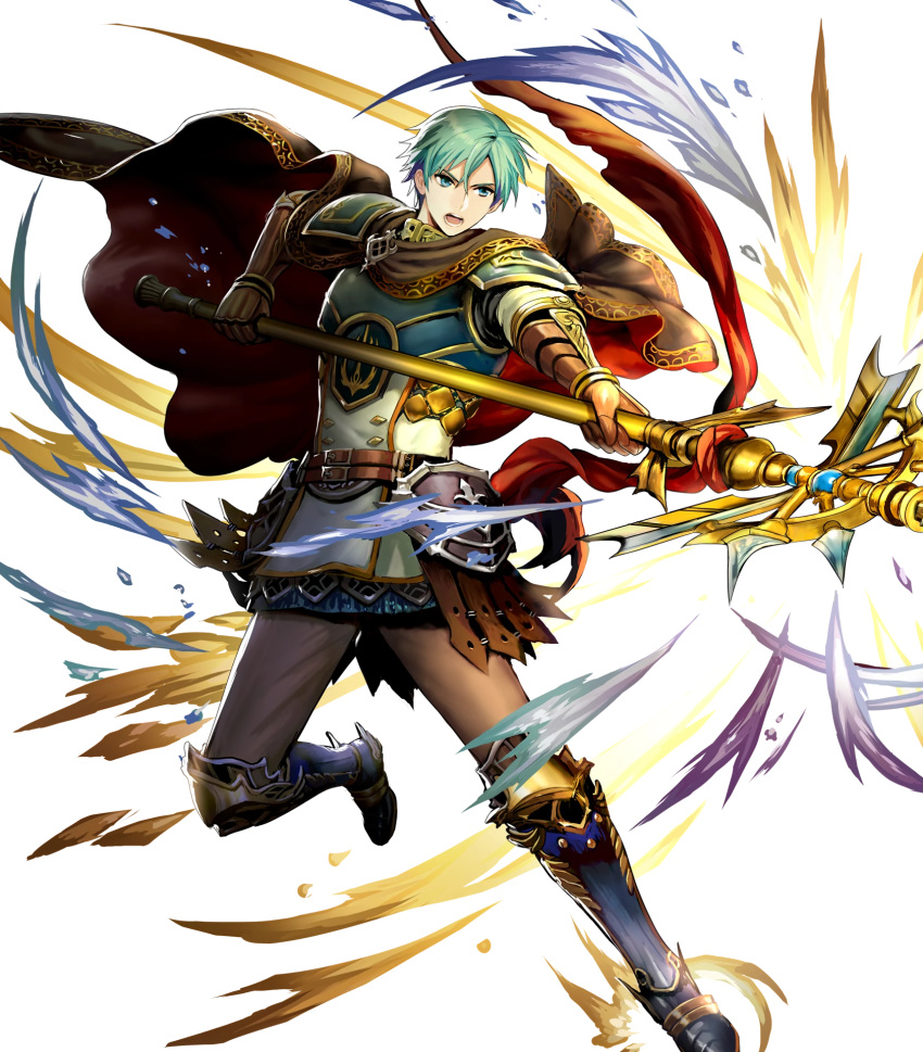 1boy aqua_hair armor artist_request attack belt black_cape blue_armor blue_boots blue_eyes blue_fire boots brown_pants cape energy ephraim fire fire_emblem fire_emblem:_seima_no_kouseki fire_emblem_heroes full_body gauntlets greaves highres holding holding_weapon lance male_focus multiple_belts nintendo open_mouth pants polearm serious shoulder_armor solo teeth weapon white_background