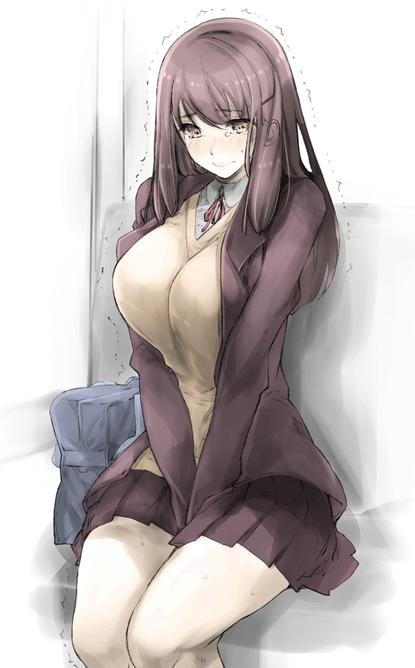 1girl bag between_legs blazer blush breasts brown_eyes brown_hair brown_jacket brown_skirt closed_mouth collared_shirt crying crying_with_eyes_open dress_shirt eyebrows_visible_through_hair hair_ornament hair_over_shoulder hairclip hand_between_legs highres indoors jacket karikari_bekonn large_breasts legs_together long_hair long_sleeves looking_at_viewer miniskirt neck_ribbon nose_blush original pleated_skirt red_ribbon ribbon school_bag school_uniform shirt shoulder_bag sitting skirt solo sweat sweater_vest tearing_up tears v_arms wavy_mouth