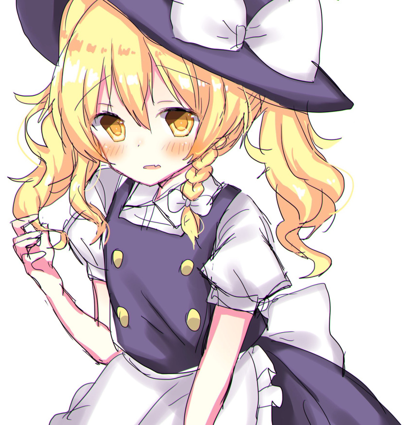 1girl alternate_hairstyle apron blonde_hair blush bow braid collared_shirt commentary d: dress fang hat hat_bow highres kirisame_marisa long_hair open_mouth playing_with_own_hair rbtt shirt side_braid single_braid sketch solo touhou twintails twintails_day waist_apron wavy_hair witch_hat yellow_eyes