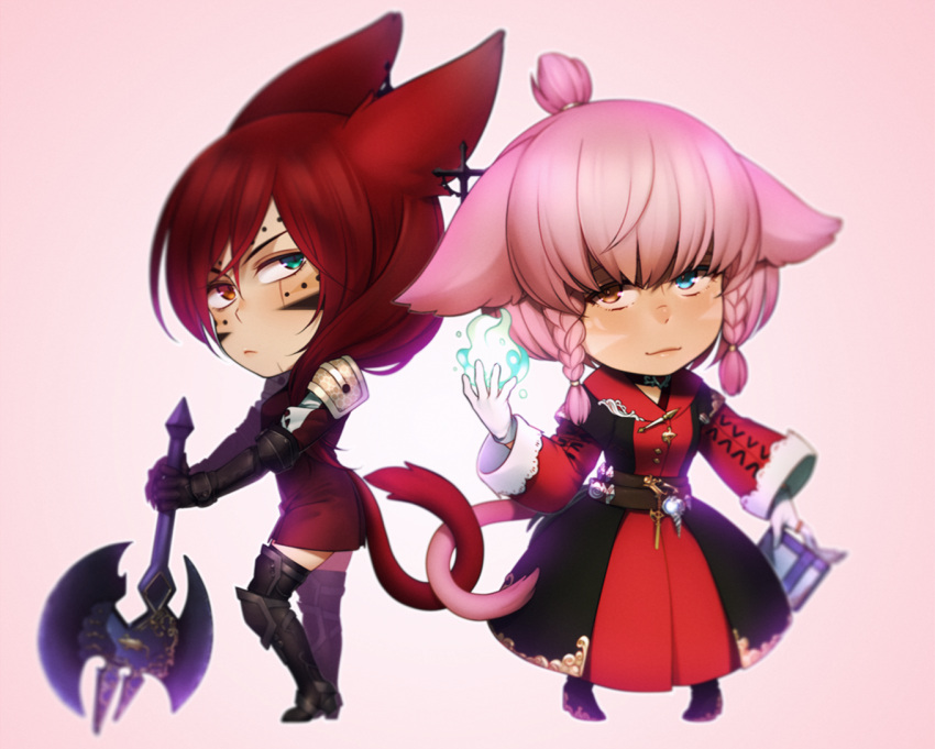 2girls animal_ears axe battle_axe cat_ears cat_tail chibi earrings eventh7 facial_mark final_fantasy final_fantasy_xiv gloves heterochromia jewelry looking_at_viewer miqo'te multiple_girls pink_hair redhead short_hair tail thigh-highs weapon